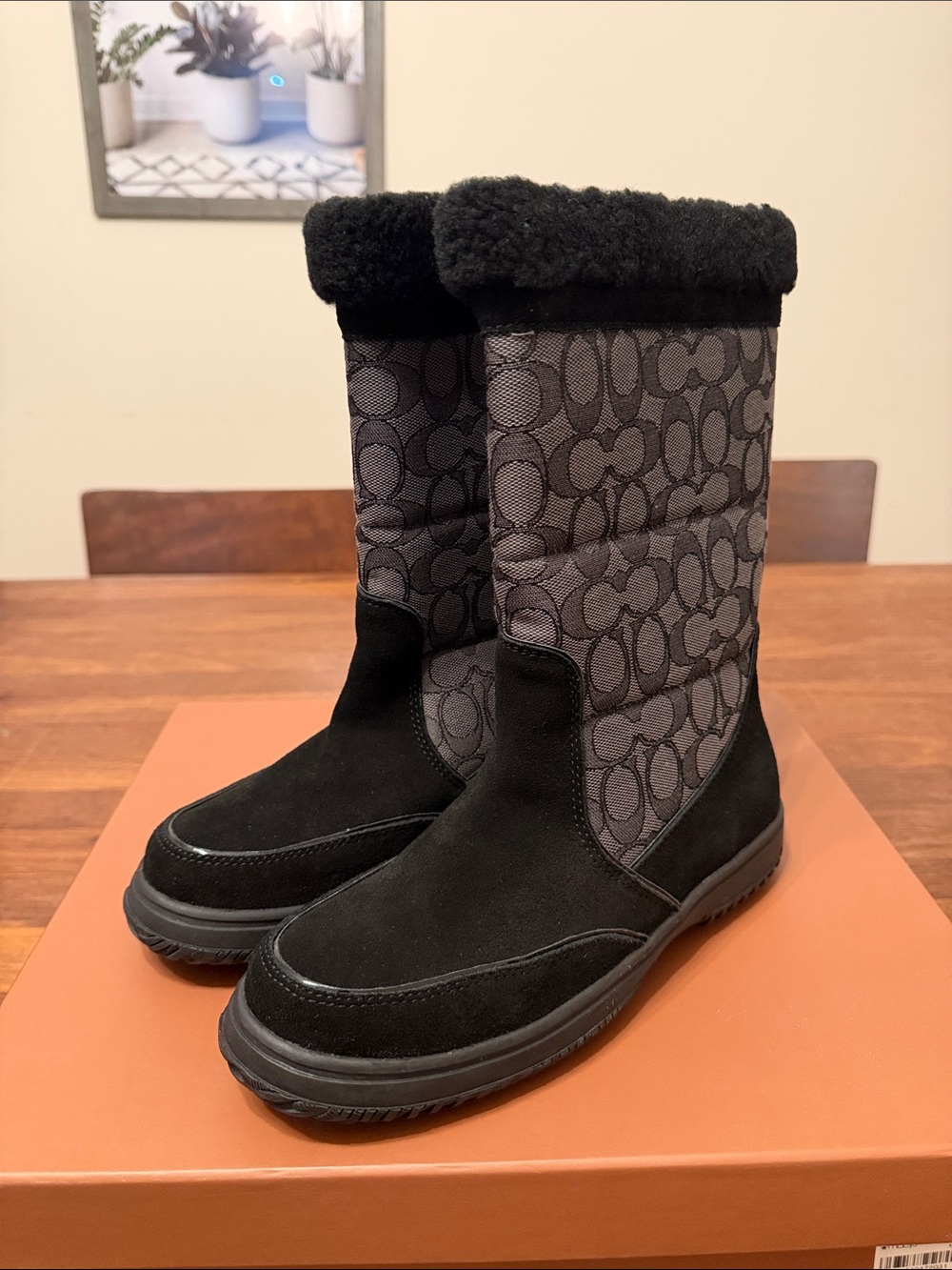 Coach Sherman Black Suede Signature Shearling Boots Size 8 M New With Box